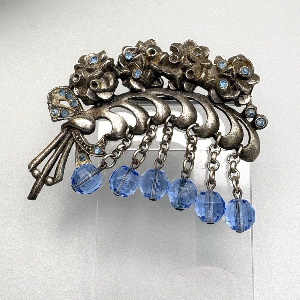 Vintage Pot Metal Brooch Pin Silver Tone Blue Feather Floral Dangle READ
